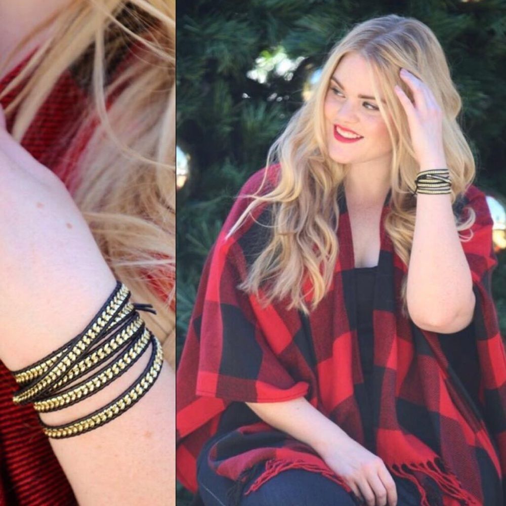 Ronnie M Golden Midnight Black Leather Gold Chain Adjustable Wrap Bracelet